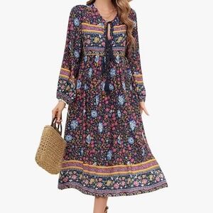 R.Vivimos Women's Long Sleeve Floral V Neck Bohemian Dress XL (Navy)